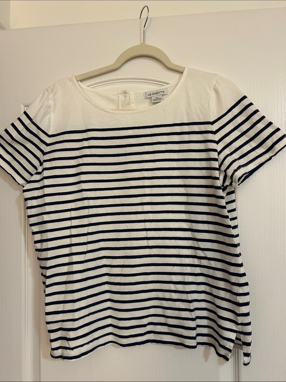 Liz Claiborne White and Navy Striped Short Sleeve Top